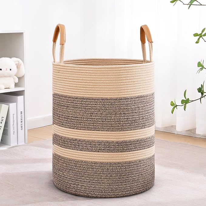 75L Striped Laundry Basket, Dark Brown Laundry Hamper with Leather Handles, Woven Cotton Rope Storage Bin for Blankets, Nursery Hamper for Clothes, Toys In Bathroom, Livingroom, Bedroom