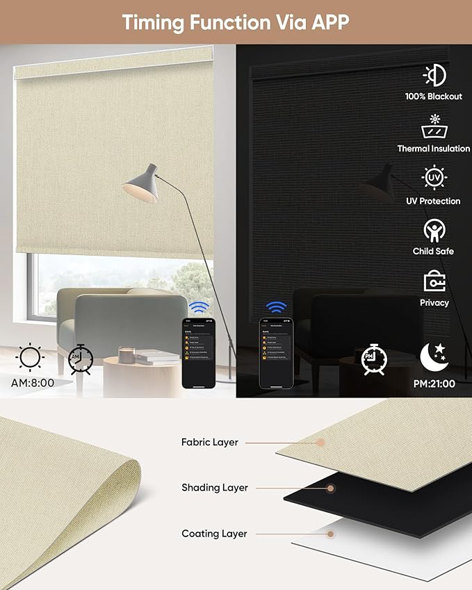 Kincmo Motorized Blinds with Remote,100% Blackout Motorized Roller Shades Work with Apple Homekit,Alexa,Google, Custom Electric Blinds with App,Voice Control (Dual Sided Beige)