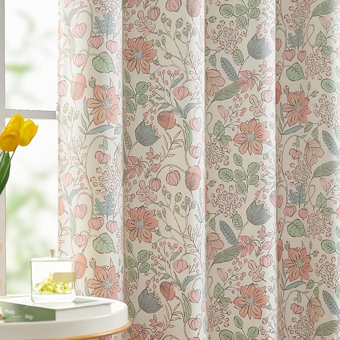 jinchan Nursery Curtains 95% Blackout Pink 72 Inch Long Floral Curtains for Girls Room, Farmhouse Drapes for Living Room Bedroom Darkening Window Treatment Grommet Top Set of 2 Panels