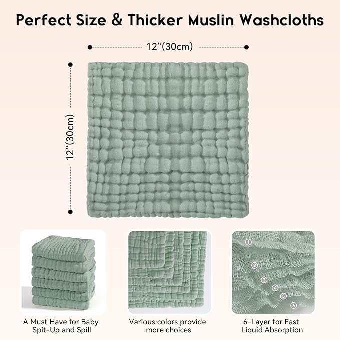 Unnivoll Muslin Baby Washcloths 6 Pack, 100% Cotton Wash Cloths for Babies, Large 12''X12'' Burp Cloths Absorbent and Soft for Newborn Infants Kids Boys Girls - Apricot Green Sapphire Blue