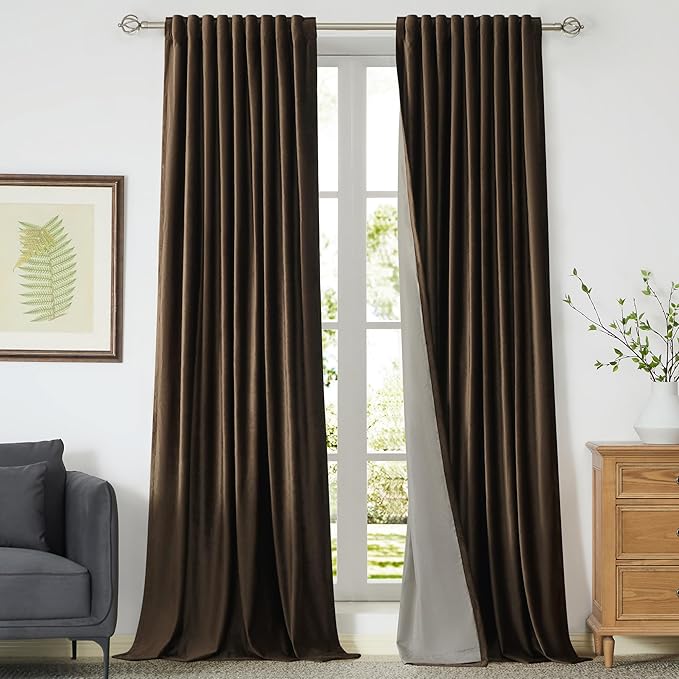 PRIMROSE 100% Full Blackout Brown Velvet Curtains 120 inch Long for Living Room,Set of 2 Liner Rod Pocket Back Tab Thermal Window Curtains Room Darkening Heavy Decorative Curtains Drapes for Bedroom