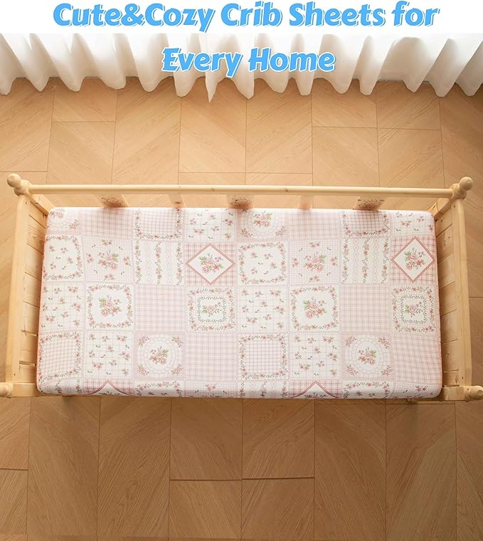 SDY Jersey FloralCrib Sheets for Baby Girls,52”x28”x8,2 Pack,Pink Flower Standard Oval/Retangle Crib Mattress Sheets for Toddler,Super Soft Breathable