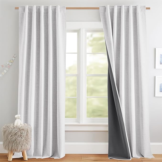 NICETOWN Full Blackout Back Tab Linen Curtains 84" Long 2 Panels Set, Boho-Chic Thick Linen Blend Drapes, Insulated Window Covers with Gray Backing for Bedroom, Living Room (Greyish White, 42" Wide)