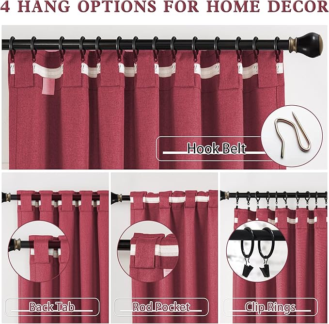 DUALIFE Back Tab and Rod Pocket Rose Red Curtains for Girls Bedroom Decor- Linen Textured Room Darkening Thermal Insulated for Living Room 50 x 84 Inches Long Set of 2 Panels