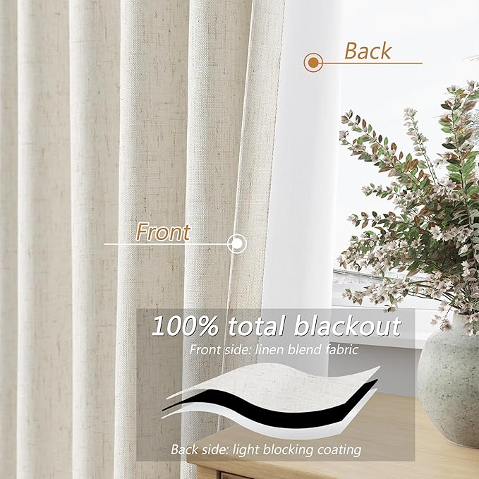 Guken Cream 100% Blackout Curtains 95 Inch Length 2 Panels Set for Living Room Bedroom Back Tab Thermal Insulated Black Out Linen Drapes Room Darkening Window Curtains