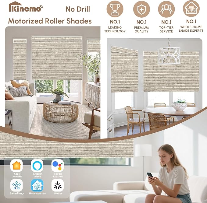 Kincmo No Drill Motorized Blinds with Remote, 100% Blackout Roller Shades for Windows, Custom Electric Blinds Compatible with Alexa, Apple Homekit, Google Home (100% Blackout Classic Sandy)