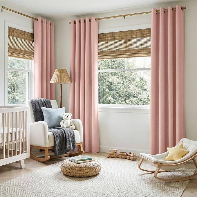 100% Blackout Shield Linen Blackout Curtains for Bedroom, Blush Pink Grommet Curtains for Living Room, Thermal Insulated Room Darkening Drapes for Nursery, Boho Home Decor, 50" W x 96" L, 2 Panels