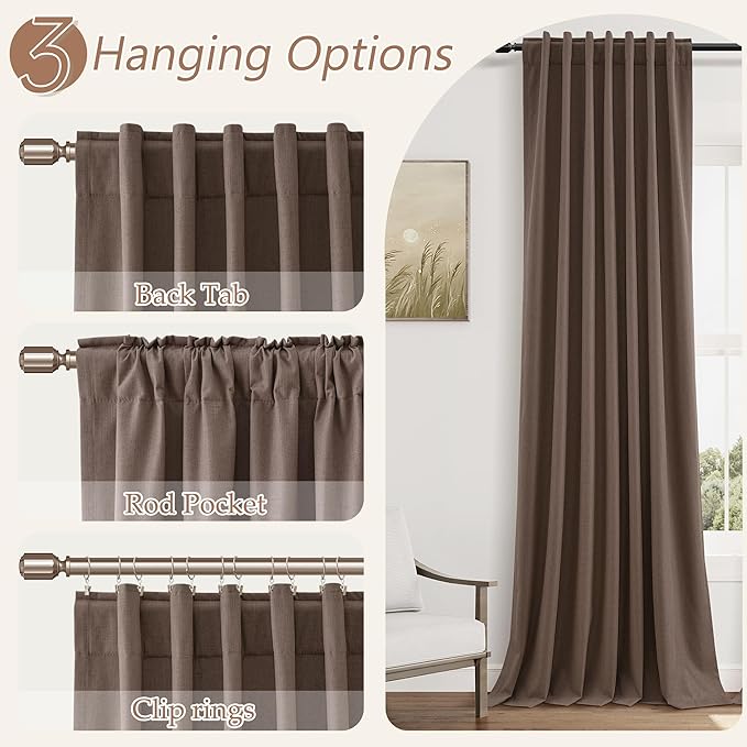 Guken 100% Blackout Curtains 96 Inch Length 2 Panels Set for Living Room Bedroom Back Tab Thermal Insulated Black Out Linen Drapes Room Darkening Mocha Mousse,52x96