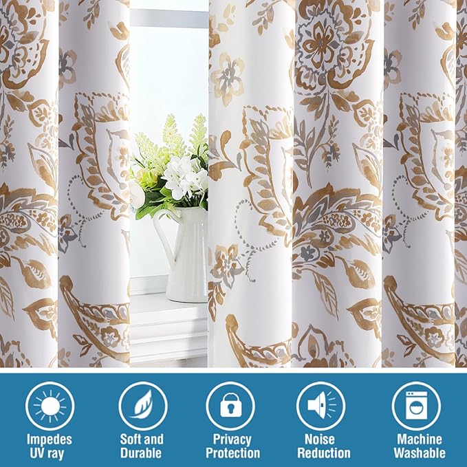 H.VERSAILTEX 100% Blackout Curtains for Bedroom Paisley Floral Printed Curtains 63 Inches Long Grommet Curtains & Drapes Thermal Curtains Window Treatments with Black Liner 2 Panels, Taupe