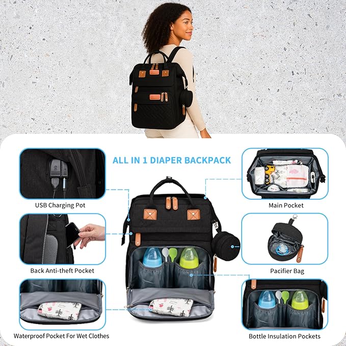 Baby Diaper Bag with Changing Station, Waterproof Diaper Bag Backpack for Mom/Dad, Baby Shower Gifts, w/USB Charging Port, Insulated Bottle Holders & Pacifier Case, XL Storage Backpack, Black