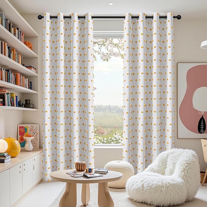 MEETSKY 100% Blackout Curtains for Girls Bedroom 84 Inches Length Total Light Blocking White and Yellow Curtains for Kids,Grommet Room Darkening Window Drapes with Pom Pom Sheer 52W x 84L, 2 Panels