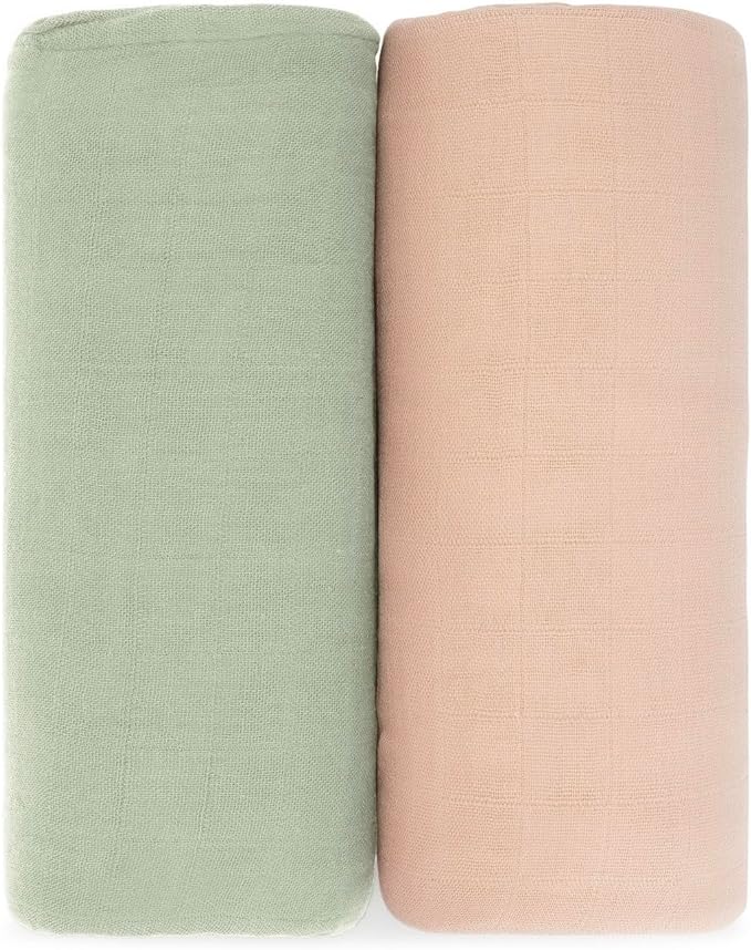 Comfy Cubs Muslin Swaddle Blankets Pack of 2, 47 x 47 Inch Soft Cotton Baby Blanket Set, Large Multipurpose Wraps for Newborns - Self-Soothing Swaddles for Newborns - Sage & Blush