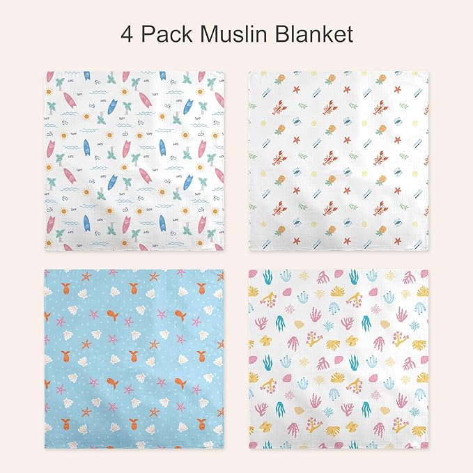 Muslin Swaddle Blankets for Newborn, 4-Pack Breathable Receiving Baby Blanket, Large 47 x 47 Inches Swaddling Wrap for Boys and Girls (Ocean Adventure)