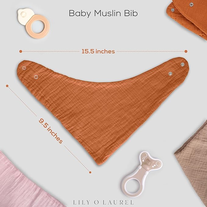 LILY O LAUREL Muslin Baby bibs for drooling and teething, 100% cotton, Bibs for baby girl, Muslin bibs for boys (8 Pack)