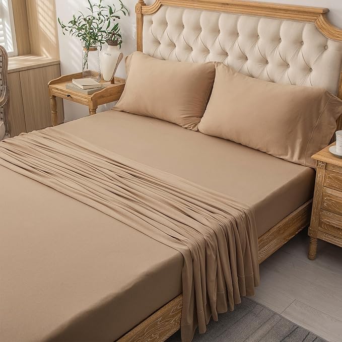 PURE ERA Jersey Knit 4pc Bed Sheet Set 100% T-Shirt Cotton Super Soft Comfy Breathable Fits Mattress Up to 20" Extra Deep Pocket (Solid Toffee Brown, Twin)