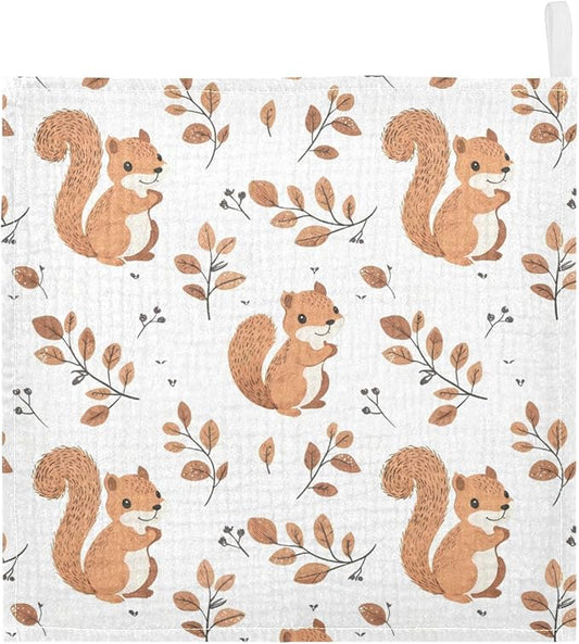 vvfelixl Baby Muslin Washcloths Cute Squirrel with Tail Baby Burp Cloths Cotton Babys Face Towel for Newborn Infants Boys Girls Soft and Absorbent 11.8 X 11.8 in, 3 Pack
