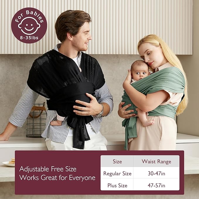 Momcozy Adjustable Buckle Baby Wrap Carrier Cooling Air-Mesh, Easy to Wear Baby Carrier Sling, Baby Carriers Newborn to Toddler 8-35lbs, Suit for Waist 30-47inch, Regular Grey Green