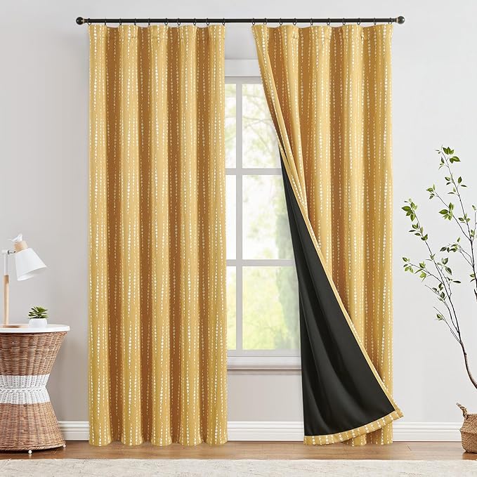 jinchan 95% Blackout Bohemian Moon Phase Print Bedroom Curtains 90 Inch Long Mustard Curtain Pole Mouth Insulation for Nursery Yellow Curtain Set 2 Panels