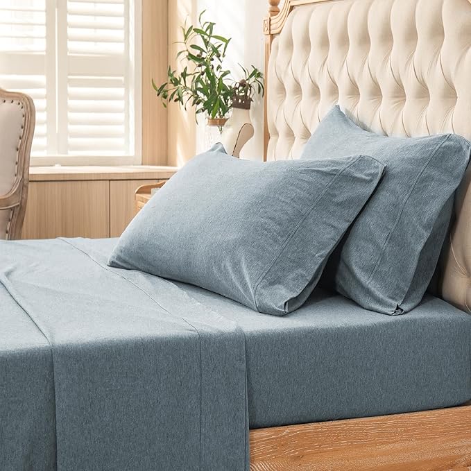 PURE ERA Jersey Knit 4pc Bed Sheet Set 100% T-Shirt Cotton Super Soft Comfy Breathable Fits Mattress Up to 20" Extra Deep Pocket (Heather Blueish Grey, Twin)