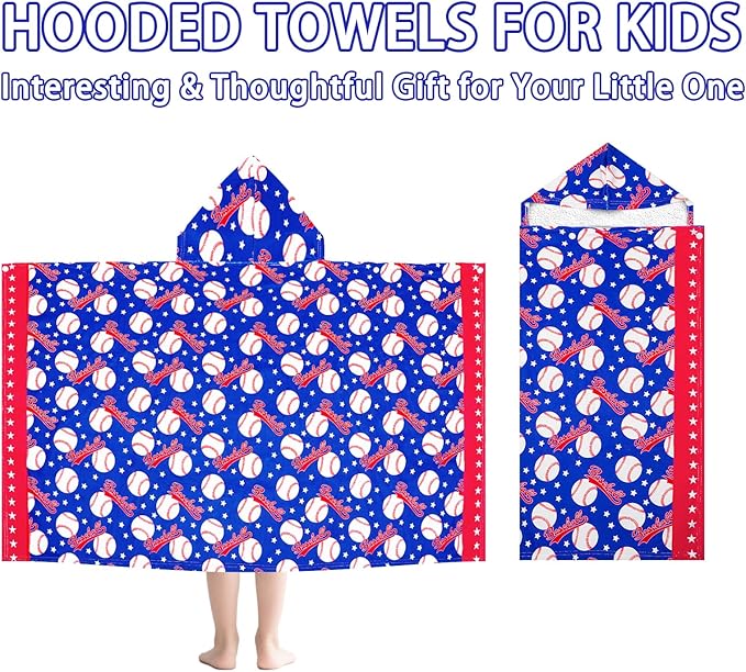 Hooded Beach Towel for Kids 3-10 Years - Soft Thick Cotton Baseball Toddler Hood Bath Towels/Pool Terry Towel Poncho Wrap Absorbent Cute Bath & Swim Wrap for Boys & Girls Beach Essentials -Blue