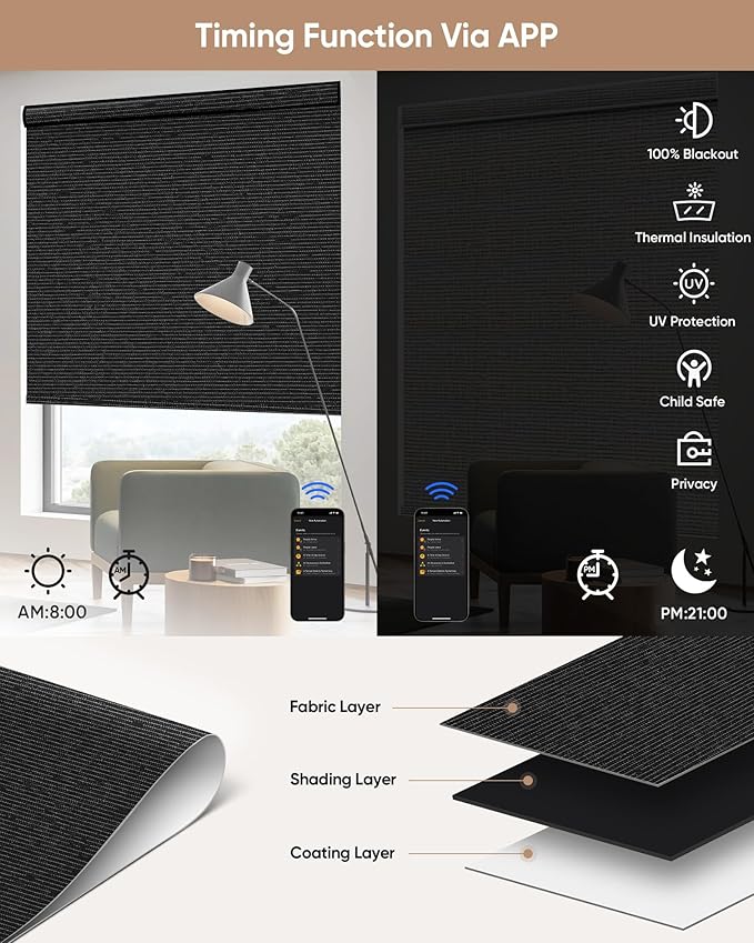 Kincmo Motorized Blinds with Remote,100% Blackout Motorized Roller Shades Work with Apple Homekit,Alexa,Google, Custom Electric Blinds with App,Voice Control (Eclipse Obsidian Black)