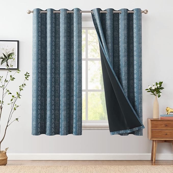 jinchan 95% Blackout Boho Curtains 54 Inch Length for Bedroom White on Blue Geometric Printed Grommet Top Room Darkening Thermal Insulated Window Drapes 2 Panels