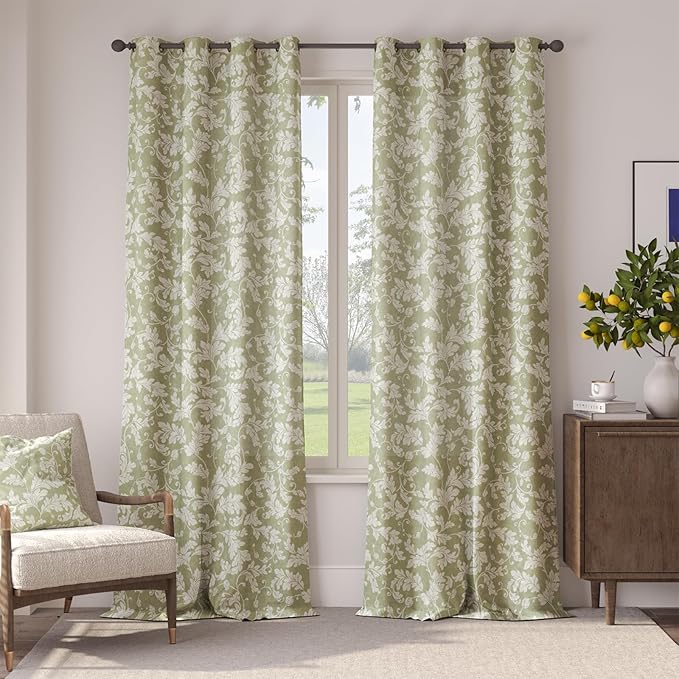 jinchan 75% Blackout Curtains for Bedroom, Green Scroll Leaf Patterned Curtains 96 inch Length for Living Room, Farmhouse Vintage Drapes, Thermal Insulated Window Treatments, Grommet 2 Panels Green