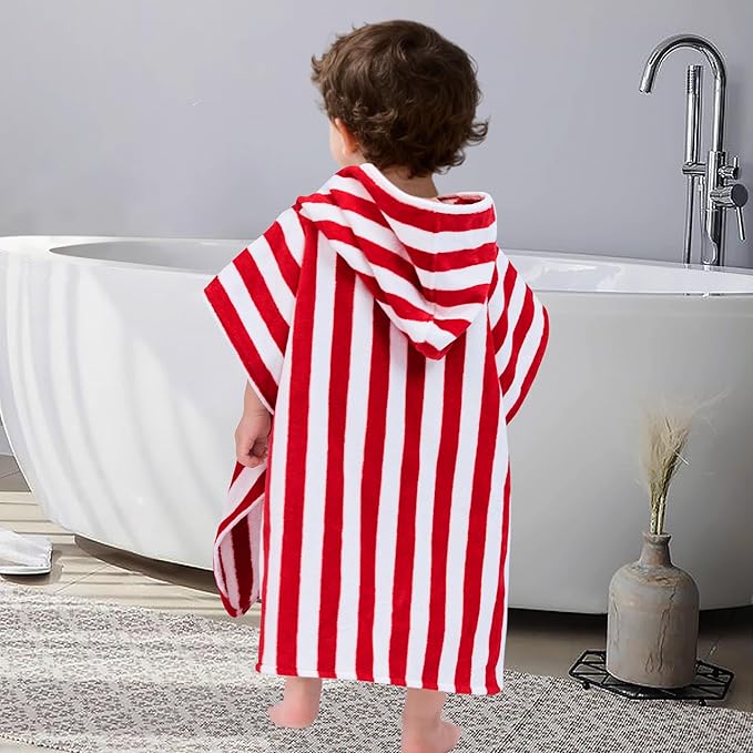 VOOVA & MOVAS Toddler Poncho Towels with Hood, Oversized (2-4Years,22"X22") Made from 100% Soft Cotton,Absorbent Hooded Towels for Baby Girls,Perfect for Pool | Swimming | Bath | Beach,Red Stripe