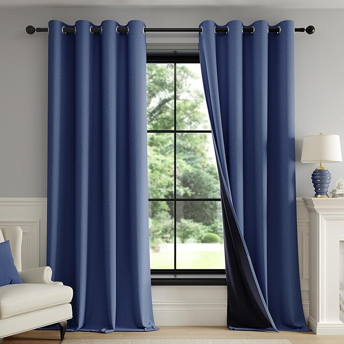 FMFUNCTEX 100% Blackout Curtains for Bedroom, Navy Blue Curtains 84 Inches Long Textured Thermal Insulated Curtains for Living Room Drapes, Black Out Drapery Grommet Room Darkening 2 Panels
