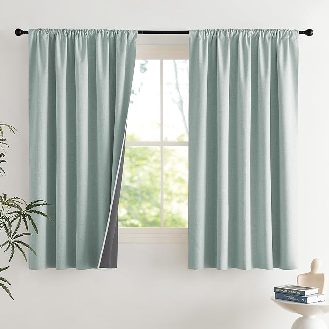 NICETOWN 2 Panels Seafoam Green Linen 100% Blackout Curtains for Living Bedroom 42 x 63 Inch Rod Pocket Style, Thermal Insulated & Light Blocking Drapes, Modern Farmhouse Window Treatment for Nursery