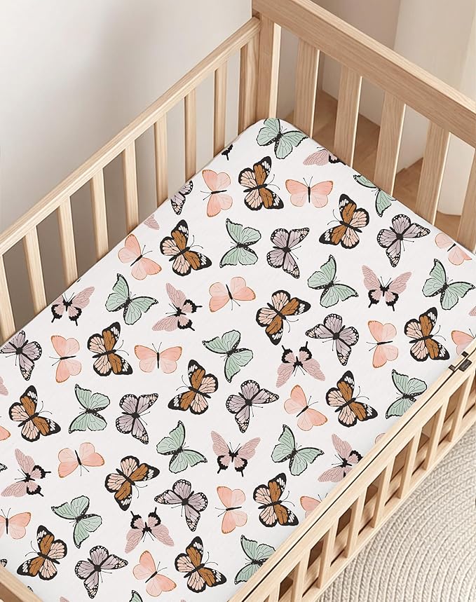 Pack and Play Sheets 2 Pack, Fitted Jersey Knit Mini Crib Sheets for Baby Boys and Girls, Compatible with Graco Pack N Play and Mini Crib Mattress (Butterfly Dance, Pack N Play/Mini Crib Sheets)