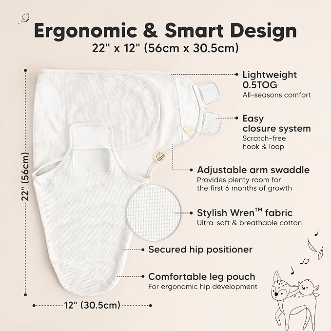 3-Pack Organic Swaddles for Newborns, Baby Sleep Sacks 0-3 Months - Baby Swaddle Wrap, Newborn Wearable Blanket, Infant Sleep Sack for Girls, Boys, Soft & Snug, Large Hook & Loop Closure (Soft White)