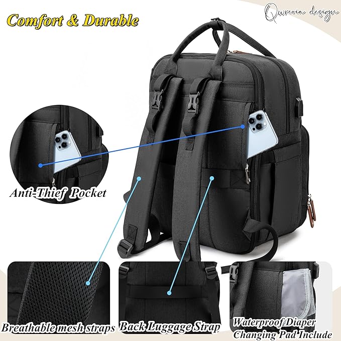 Expandable Diaper Bag Backpack for Dad and Mom – Large Capacity Baby Diaper Bag with Premium Leather, Changing Pad, Insulated Bottle Pockets, Stroller Straps, Laptop Sleeve – Black Travel Diaper Bag