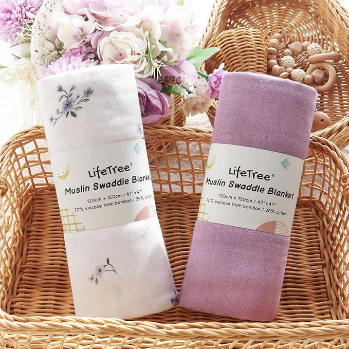 LifeTree Baby Swaddle Blankets, Boys Girls Muslin Swaddling Wrap Receiving Blanket for Newborn, 70% Viscose from Bamboo and 30% Cotton, Large 47" x 47", Flower and Mauve Pattern
