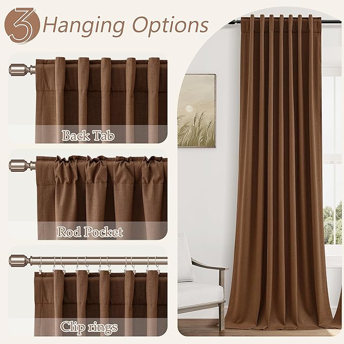 Guken 100% Blackout Linen Curtains 120 Inch Length 2 Panels Set for Living Room Bedroom Back Tab Thermal Insulated Black Out Linen Drapes Room Darkening Window Curtains,Caramel Brown