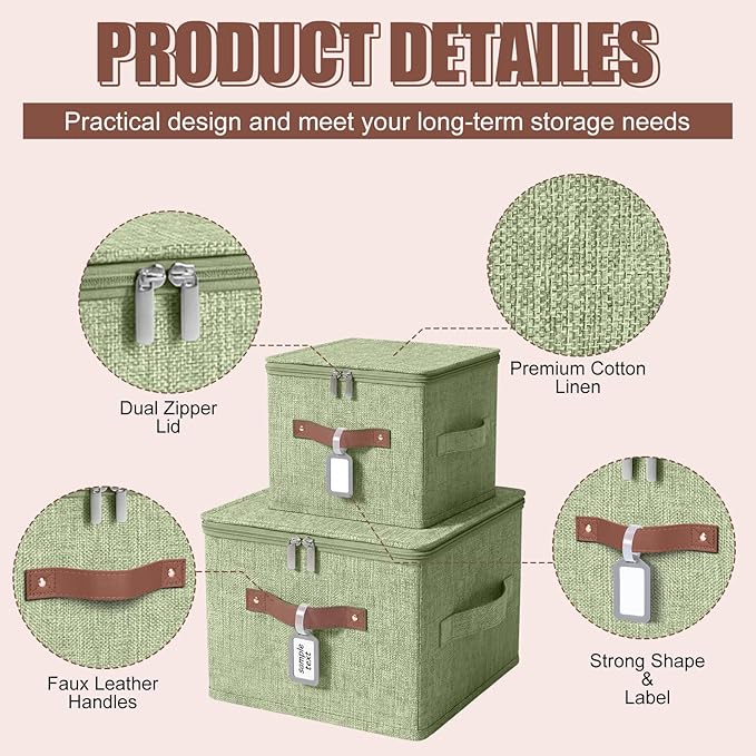 6 Pack Fabric Closet Storage Bins with Zipper Lids and Label, 10×8×7In Large Size Foldable Cotton Linen Storage Cubes Boxes with PU Leather Handles Holders for Bedroom, Shelf, Nursery, Green