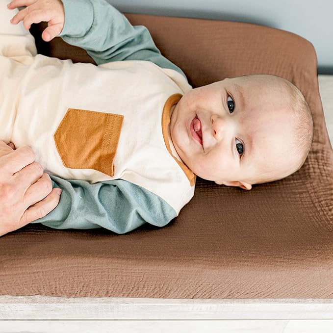 Konssy 2 Pack Muslin Changing Pad Covers for Boys, Ultra Soft & Breathable Cotton Baby Diaper Changing Table Covers, Neutral Nursery Diaper Changing Pad Sheets (Sunbeam Yellow,Coffice)