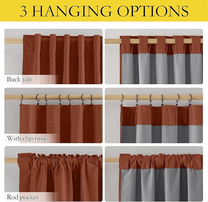 NICETOWN 100% Absolutely Blackout Linen Curtains with Thermal Insulated Grey Liner, 84 inches Long Drapes, 52" Wide, 2 Panels, Retro Burnt Orange Linen Curtains Vertical Drapes Privacy for Bedroom