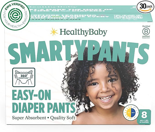 SmartyPants Pull Up Style Diapers | EWG Verified Safe & Plant-Based | Quilted 360 Waistband, Super Absorbent for Overnight Leak Protection | Training Pants by HealthyBaby | Size 8 (30 Count)