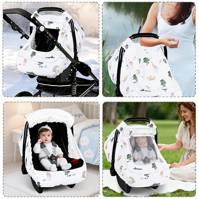 Winter Car Seat Cover Baby with Sunshade & Dual Zipper Windows - Minky Bubble Lined Windproof Soft Shell, Warm Newborn Car Seat Canopy Covers, Elastic Bottom for Stroller & Infant Car Seat, Animal