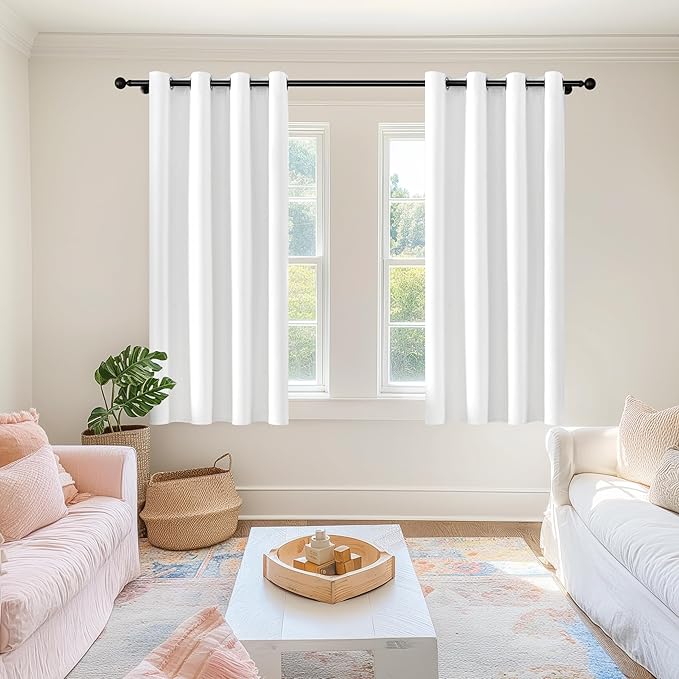 ChrisDowa 100% Blackout Pure White Solid Curtains 63 Inches Long 2 Panels for Bedroom Living Room,Farmhouse Room Darkening Thermal Insulated Soundproof Grommet Top Window Treatment Drapes,52x63