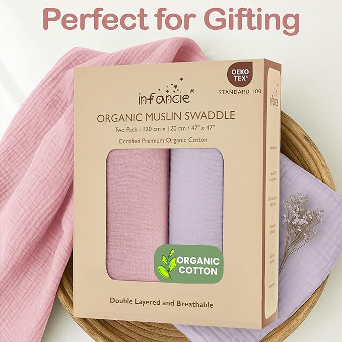 100% Organic Cotton Muslin Baby Blanket - 47 x 47 Inch Breathable Baby Swaddle Blanket, Hypoallergenic Double-Layer, Soft Newborn Baby Blanket for Everyday Use (Light Pink/Light Purple)