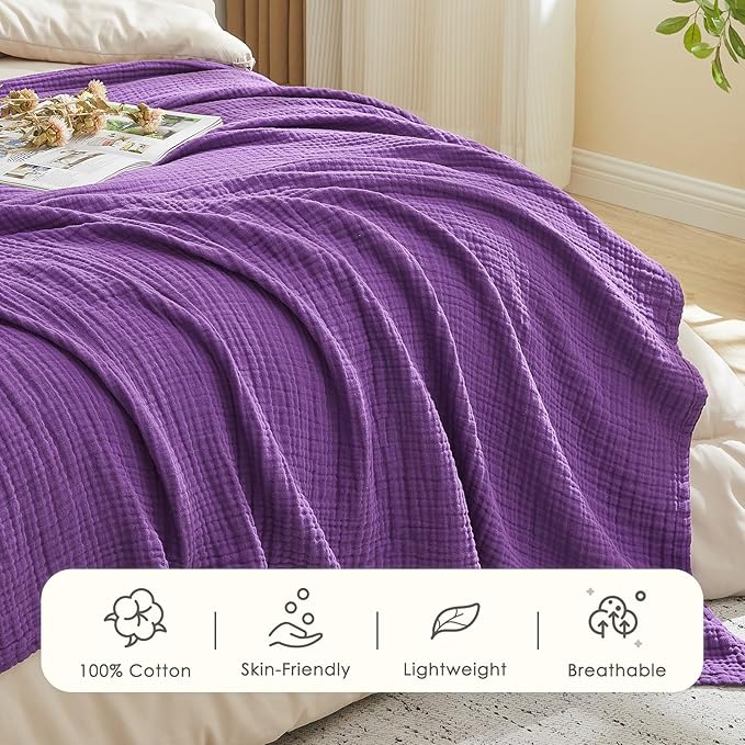 EMME Cotton Muslin King Blanket Big Oversized Bed Layering Bedspread Coverlet Breathable Gauze Soft Lightweight Blankets (Purple, 120"x94")