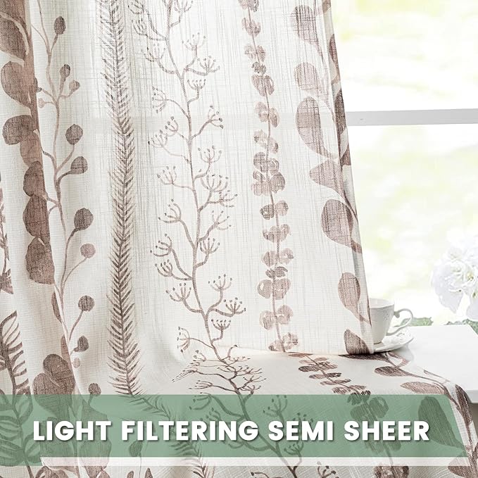 MEETSKY Brown Sheer Curtains 72 Inches Long 2 Panels Boho Curtains for Living Room Light Filtering Patterned Drapes for Bedroom Linen Style Back Tab Leaf Print Window Treatment