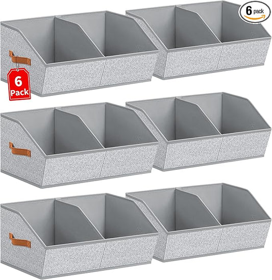 Closet Organizers and Storage Bins - 6 Pack Collapsible Divided Trapezoidal Cube Storage Bins Baskets with Orange Handle for Organizing Clothes Blankets, Toys, Books, Towels(Ant Gray)