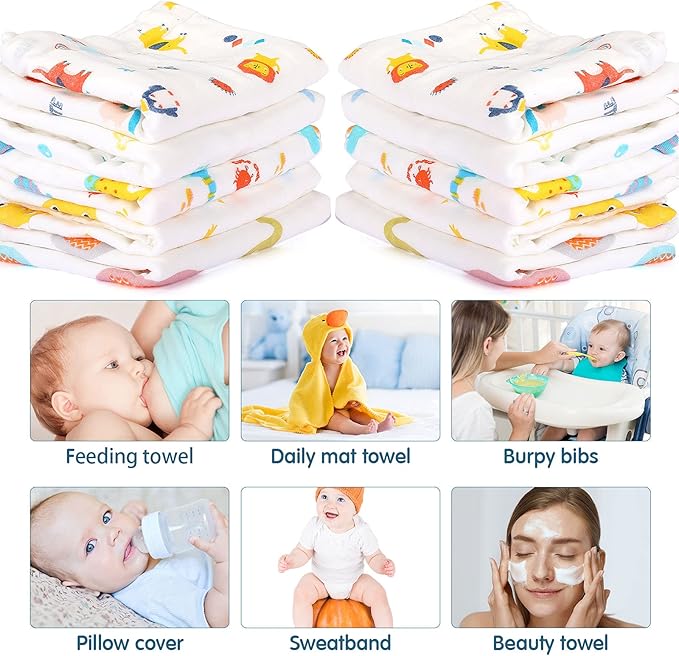 Tatuo 10 Pack Muslin Baby Burp Cloth Soft Washcloths 20'' x 10'' 6 Layer Soft Absorbent Newborn Rags Towel for Baby Shower Boys Girls Machine Washable for Sensitive Skin(Animal Pattern)