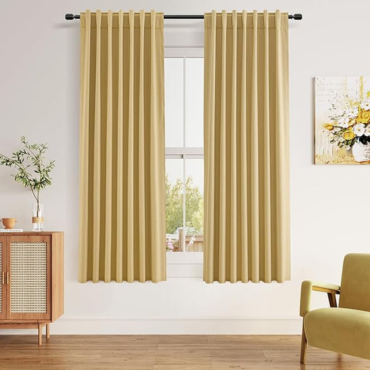 Guken 100% Blackout Curtains 63 Inch Length 2 Panels Set for Living Room Bedroom Back Tab Thermal Insulated Black Out Linen Drapes Room Darkening Window Curtains 63 Inches Long,Gold Yellow