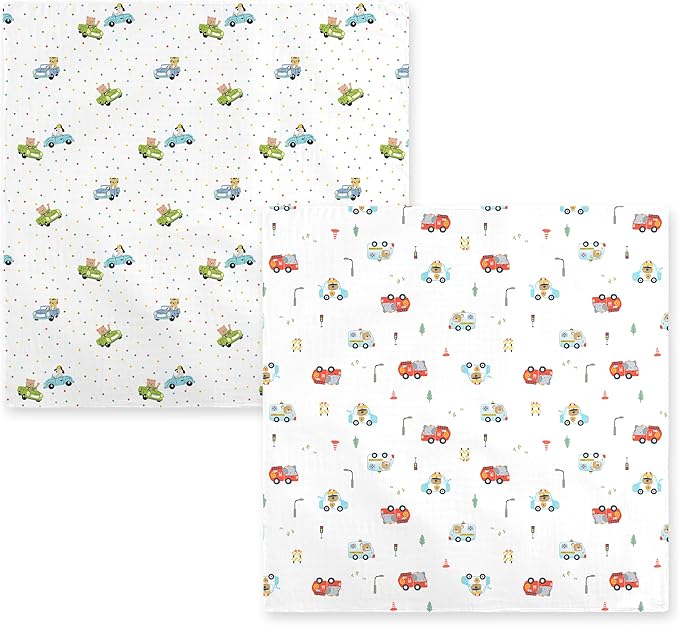 2-Pack 100% Cotton Muslin Swaddle Blankets, Large 47 x 47 Inches — Breathable Soft Receiving Blankets for Newborns, Swaddling Wraps, Baby Essentials, Registry Gift (Little Car Duo)
