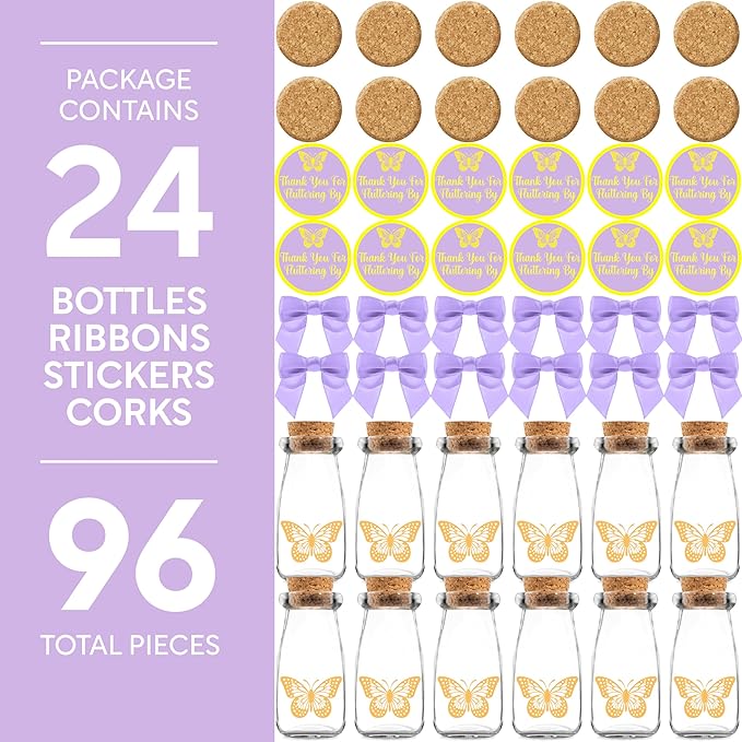 Ethisa Small 24 Pack Butterfly Party Favor Glass Bottles with Ribbons and Stickers - Vintage Baby Shower and Birthday Favors for Guests and Table Centerpieces Decorations - Purple Theme Candy Jar