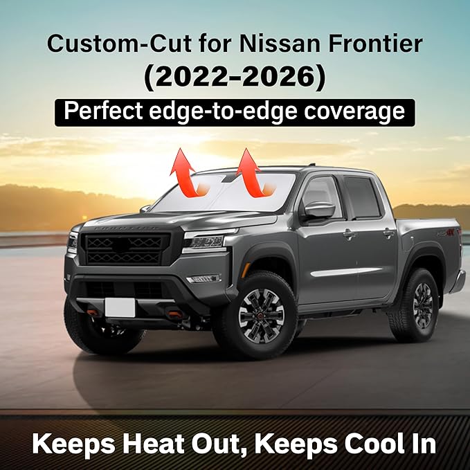 EcoNour Windshield Sun Shade Compatible for Nissan Frontier 2022–2026 | Pickup Truck Front Window Sunshade | Foldable Sun Visor Protector | UV & Heat Blocking | Keeps Cabin Cooler
